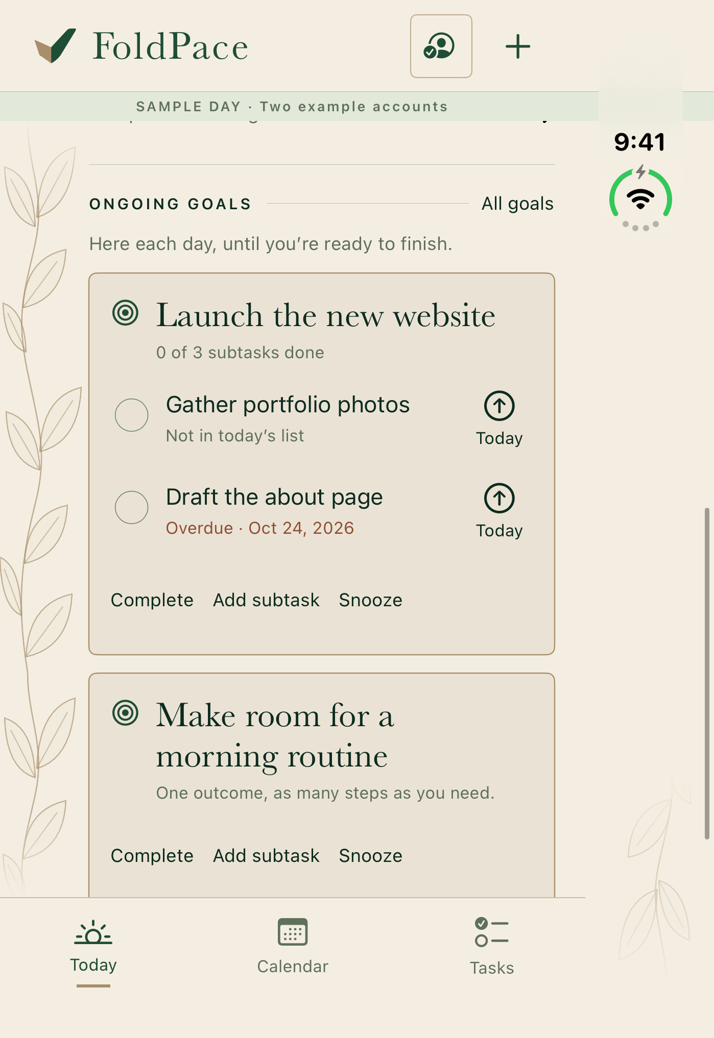Sample ongoing goals and grouped subtasks, with Today and Snooze actions.