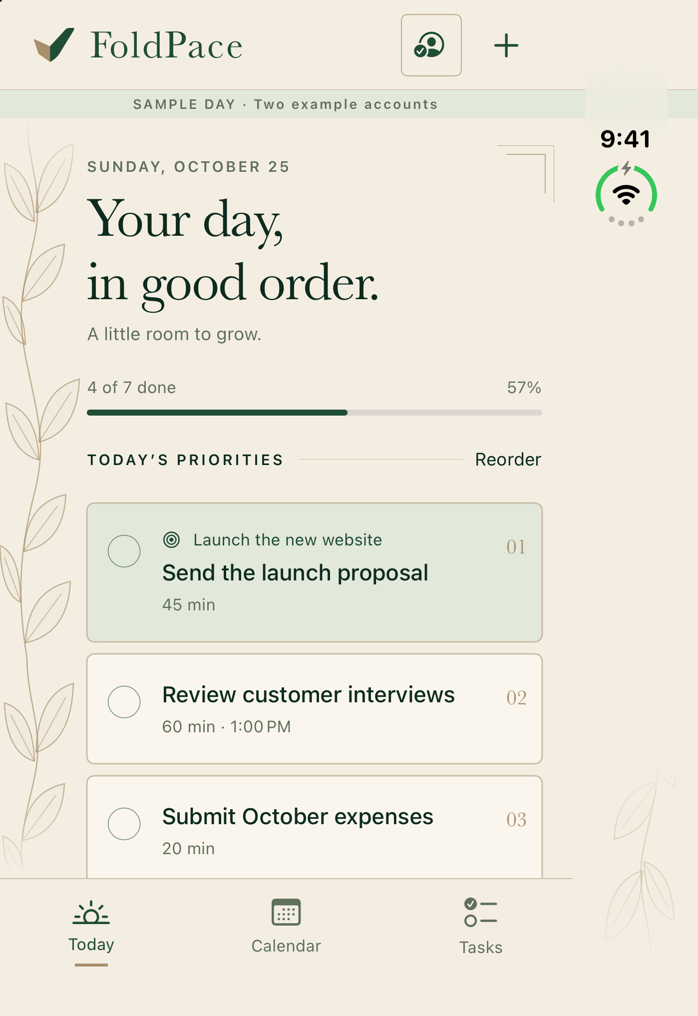 The compact daily list with sample priorities.